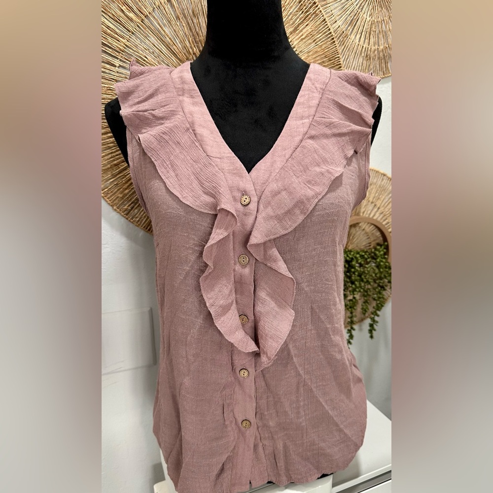 Ruffled Button-Front Sleeveless Blouse in Dusty Rose